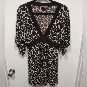En Focus Studio Women's Slinky Babydoll Y2K V-Neck Tunic Top Sz 14-Animal Print